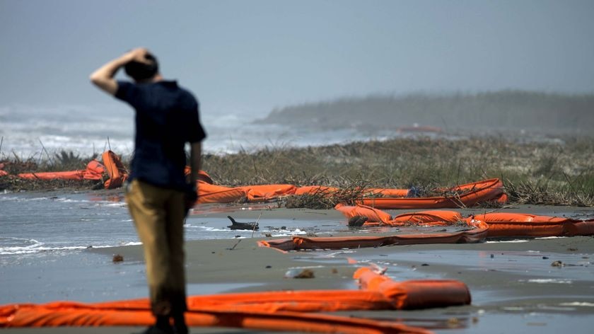 A television reporter stands beside oil booms at the coast of South Pass, south of Venice, Louisiana