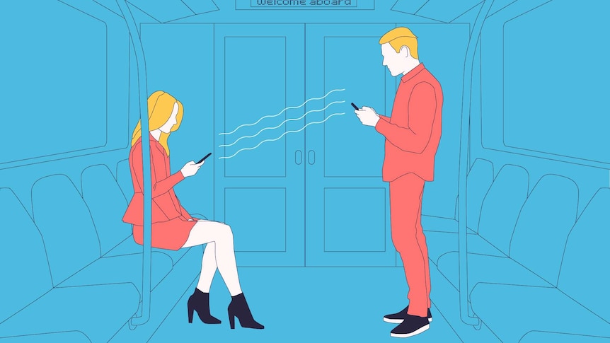 Two people on a train whose phones are sending signals to each other.