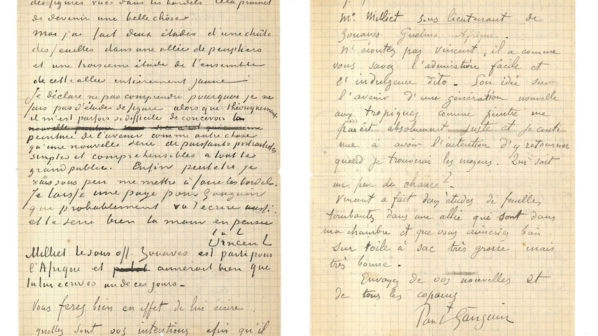 two pages of a letter written in French by Vincent van Gogh and fellow artist Paul Gauguin on a white background