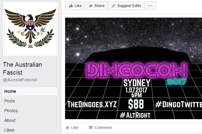 A screenshot shows a post advertising DingoCon on The Australian Fascist Facebook page.