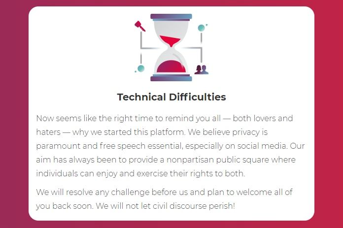 A screenshot of a message about technical difficulties on social media