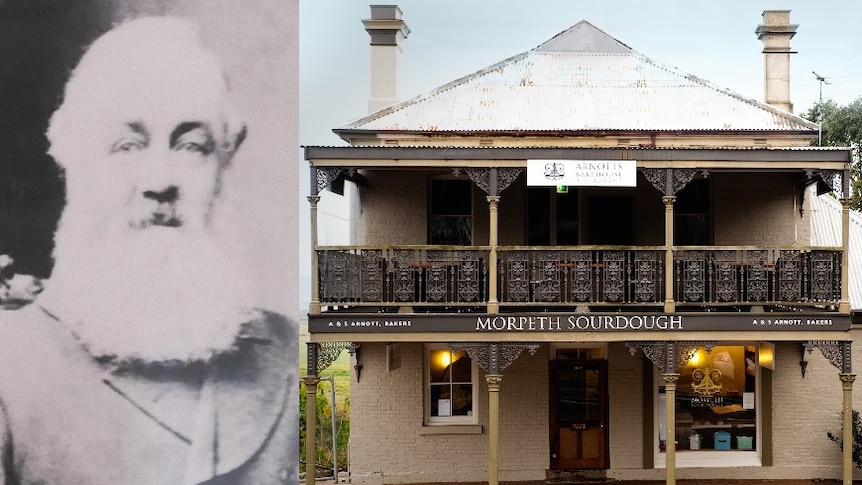 A composite image of an older man with white hair, and a cream brick building with an ornate veranda.