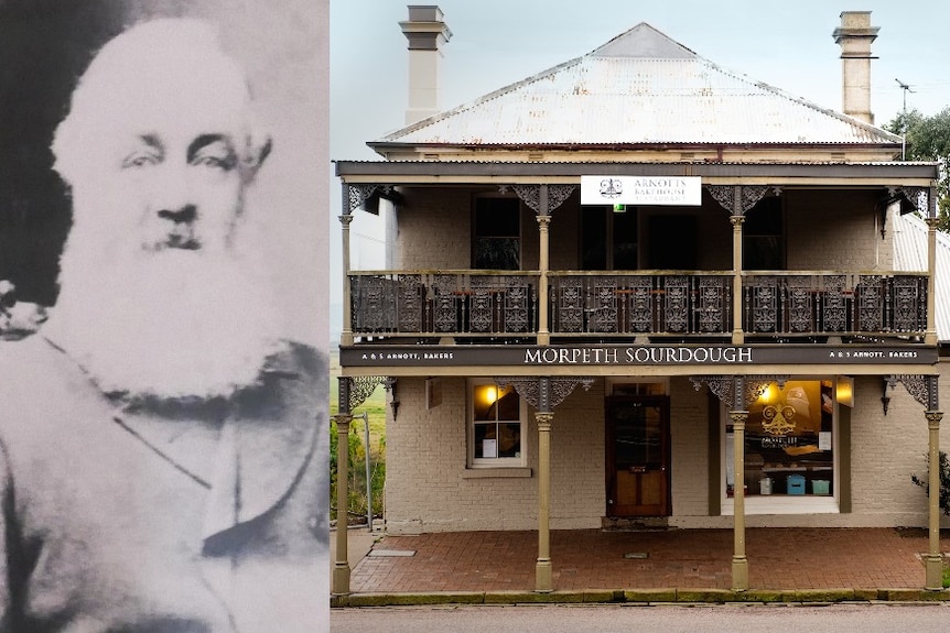 A composite image of an older man with white hair, and a cream brick building with an ornate veranda.