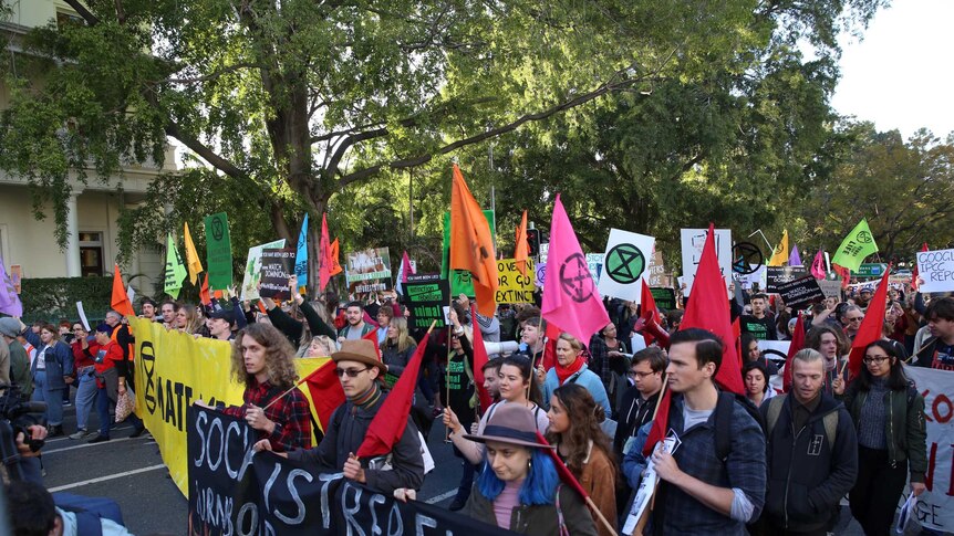 Hundreds of people holding flags and signs about the environment and climate change march on the road in Brisbane CBD.