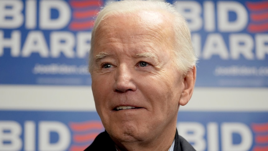 A close up image of Joe Biden's face.