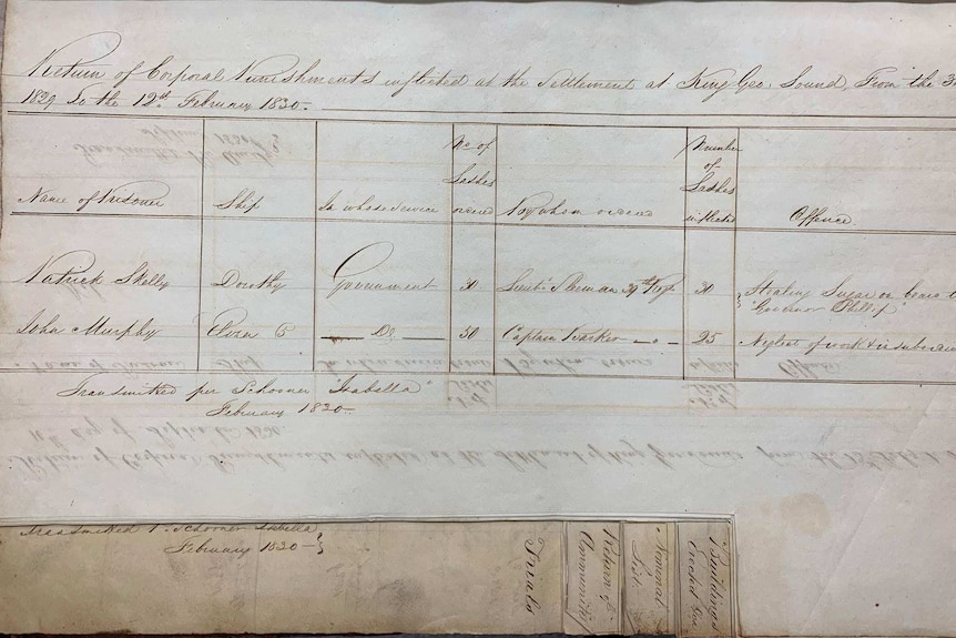 Hand-written notes in a ledger from the 19th century detailing sentences for crimes