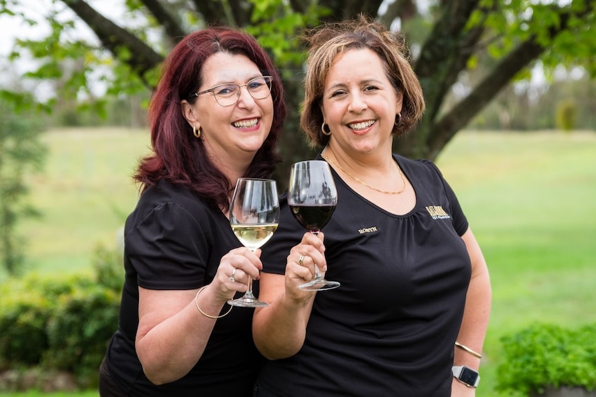 Leanne and Robyn clink wine glasses.