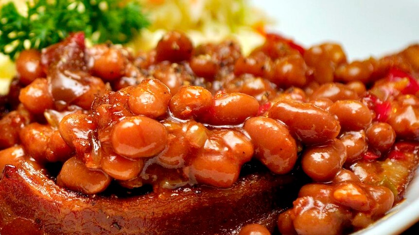 Plate of baked beans.