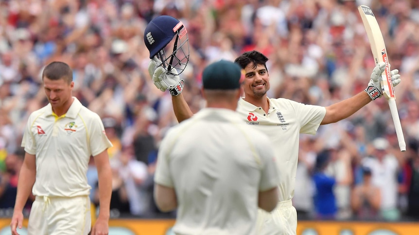 Alastair Cook celebrates with Jackson Bird in background