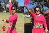 Two women in pink outfits posing in dance moves. 