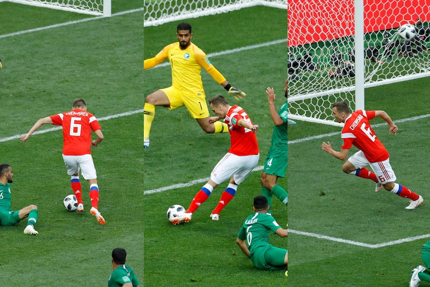 Composite of Denis Cheryshev scoring Russia's second goal against Saudi Arabia