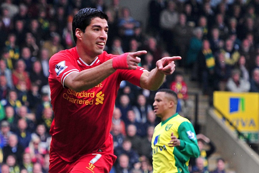 Luis Suarez celebrates a goal for Liverpool