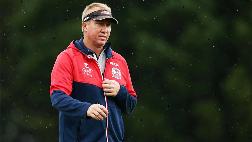 Roosters coach Trent Robinson looks on during a Sydney Roosters NRL training session at Moore Park on April 12, 2016.