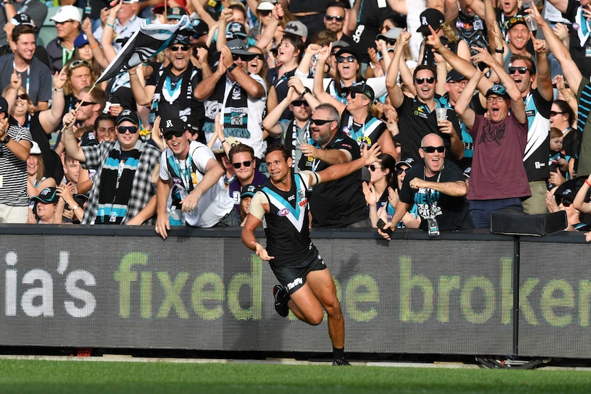 Steven Motlop of the Power celebrates a goal against Fremantle at Adelaide Oval.