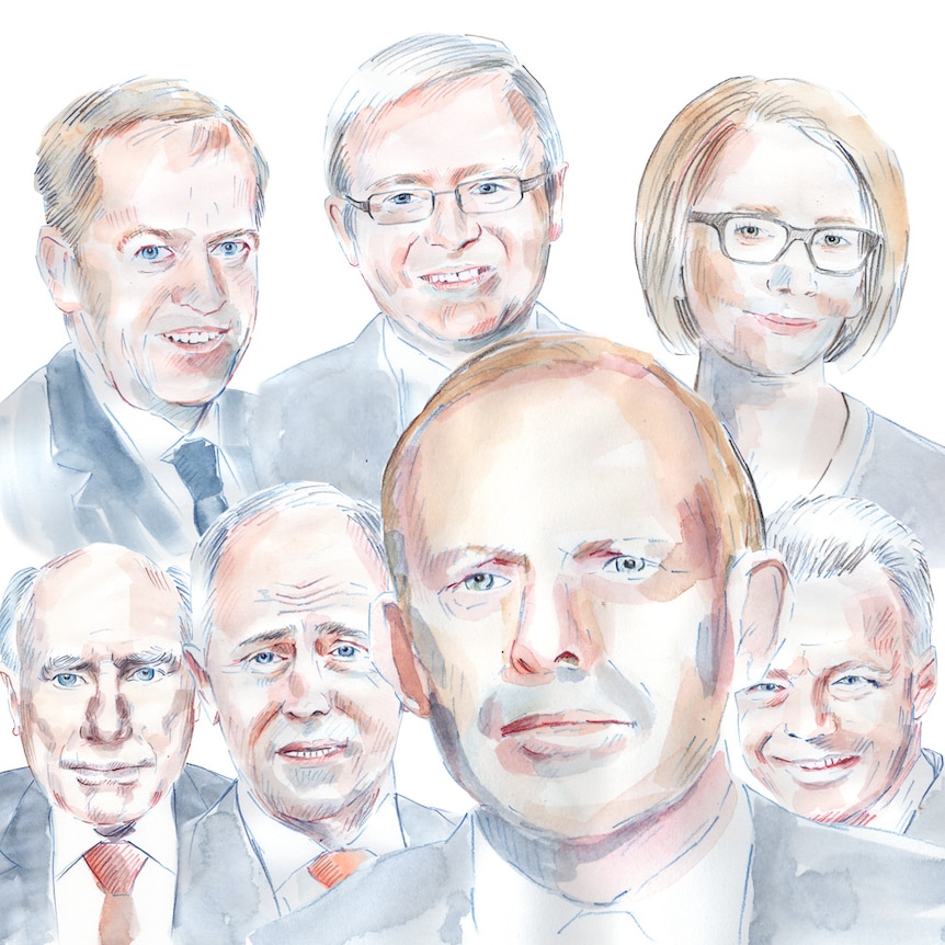 Illustration of recent Australian federal political leaders, including Tony Abbott, Bill Shorten, Kevin Rudd and Julia Gillard.