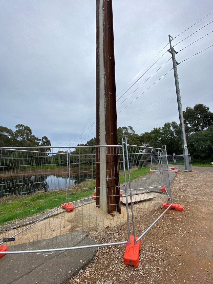 Two stobie poles surrounded by fences in the middle of a bike path