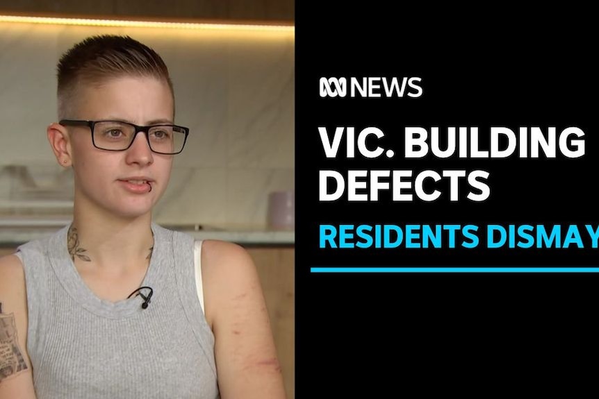 Vic. Building Defects, Residents Dismayed: A woman with short hair and glasses looks off camera with a neutral expression.