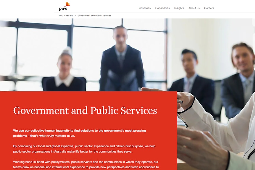 A screenshot of a website with a background of people in a boardroom with an orange box and white text overlaying it.