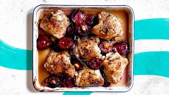 Chicken tray bake with plums, lemon and thyme recipe cooked