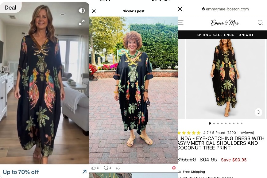 A composite image of three women wearing the same kaftan on different sites. 
