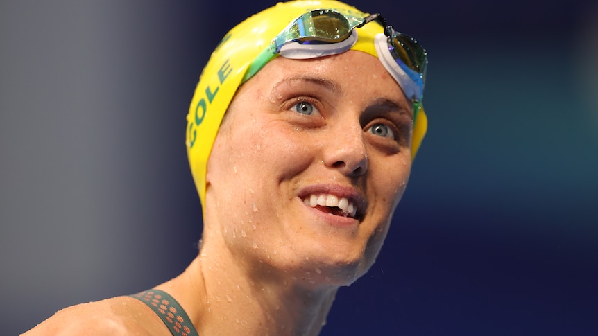 Australian swimmer Ellie Cole smiles as she gets out of the pool at the Tokyo Paralympics.