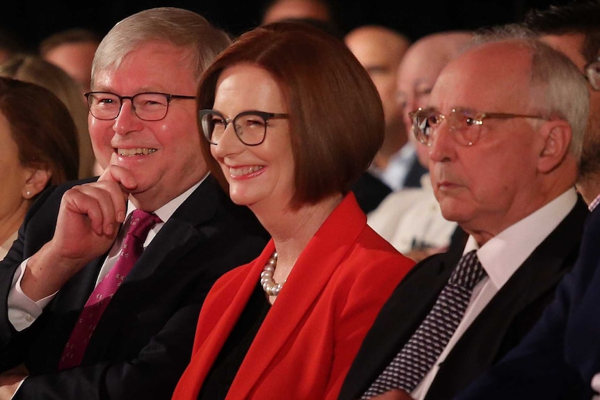 From left to right, Jackie Trad, Kevin Rudd, Julia Gillard, Paul Keating and Daniel Andrews at Labor's election campaign launch.