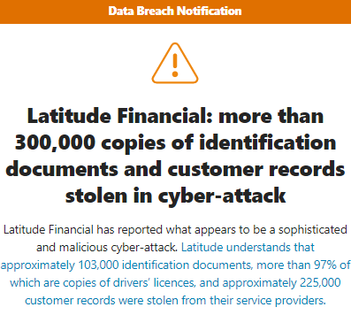 A screenshot of a notification about a cyber attack at Latitude Financial.