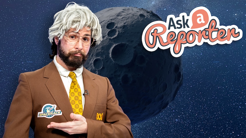 Joe dressed as a Space Race sports commentator, craterous moon in the background.