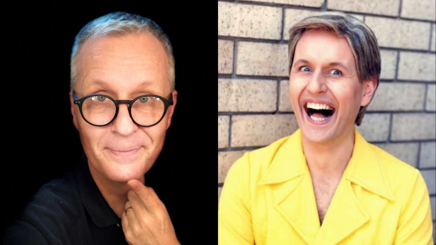 Mark Trevorrow wearing glasses and Bob Downe with mouth wide open and a big smile