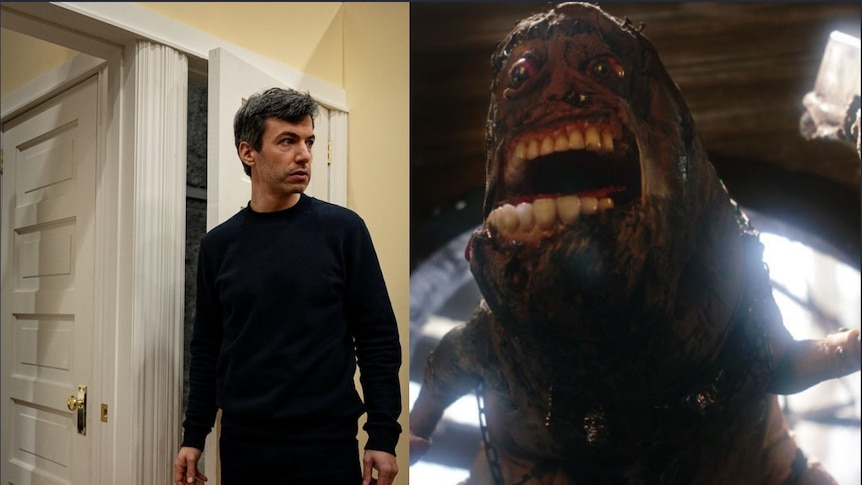 Composite image of Nathan Fielder from The Rehearsal on left and a month from MAD GOD on the right
