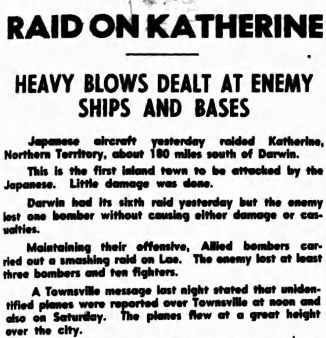 A newspaper cutting with the headline raids on Katherine