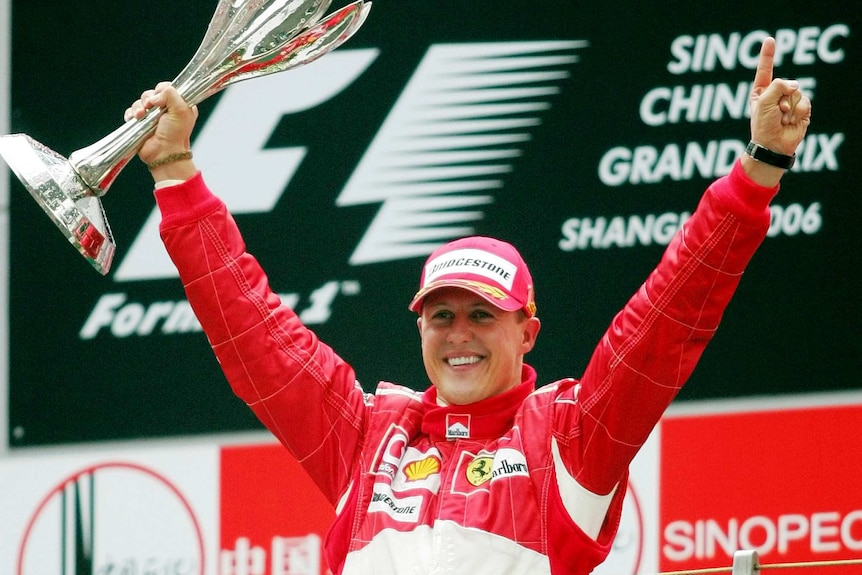 Michael Schumacher celebrates his win at the 2006 Chinese F1 grand prix