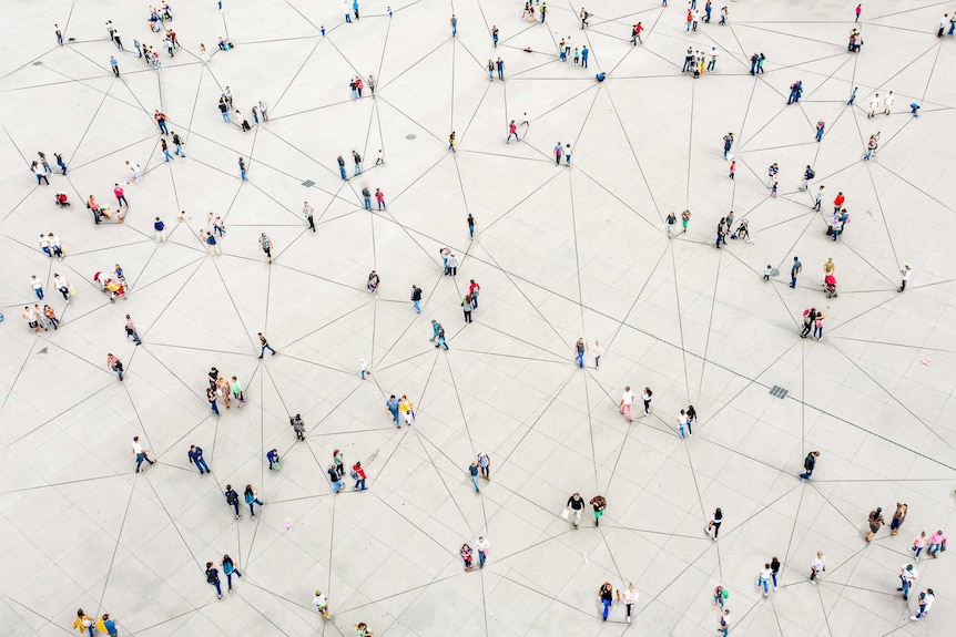 Graphic of a crowd of people connected together by a web of lines.