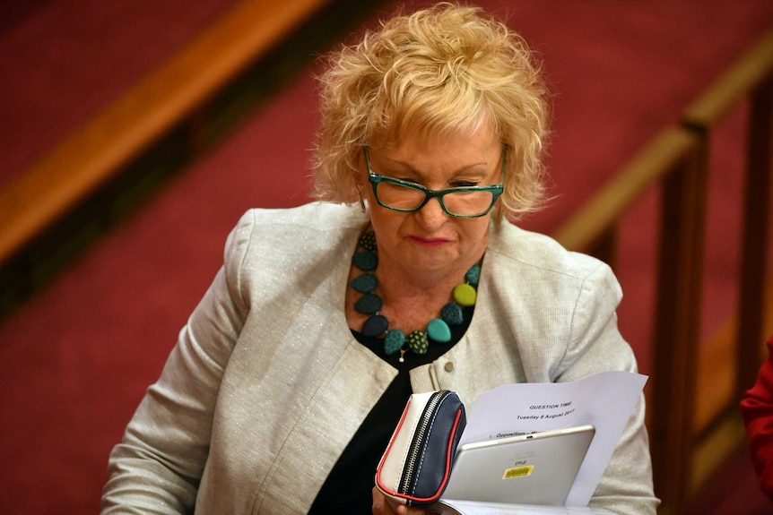 Helen Polley walks through the Senate carrying documents.