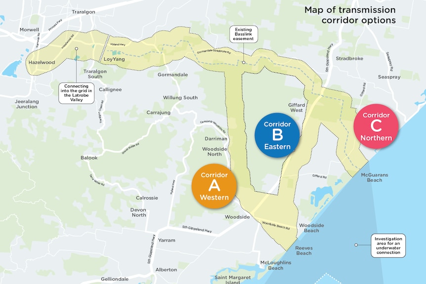 map of proposed windfarm cable route in South Gippsland.