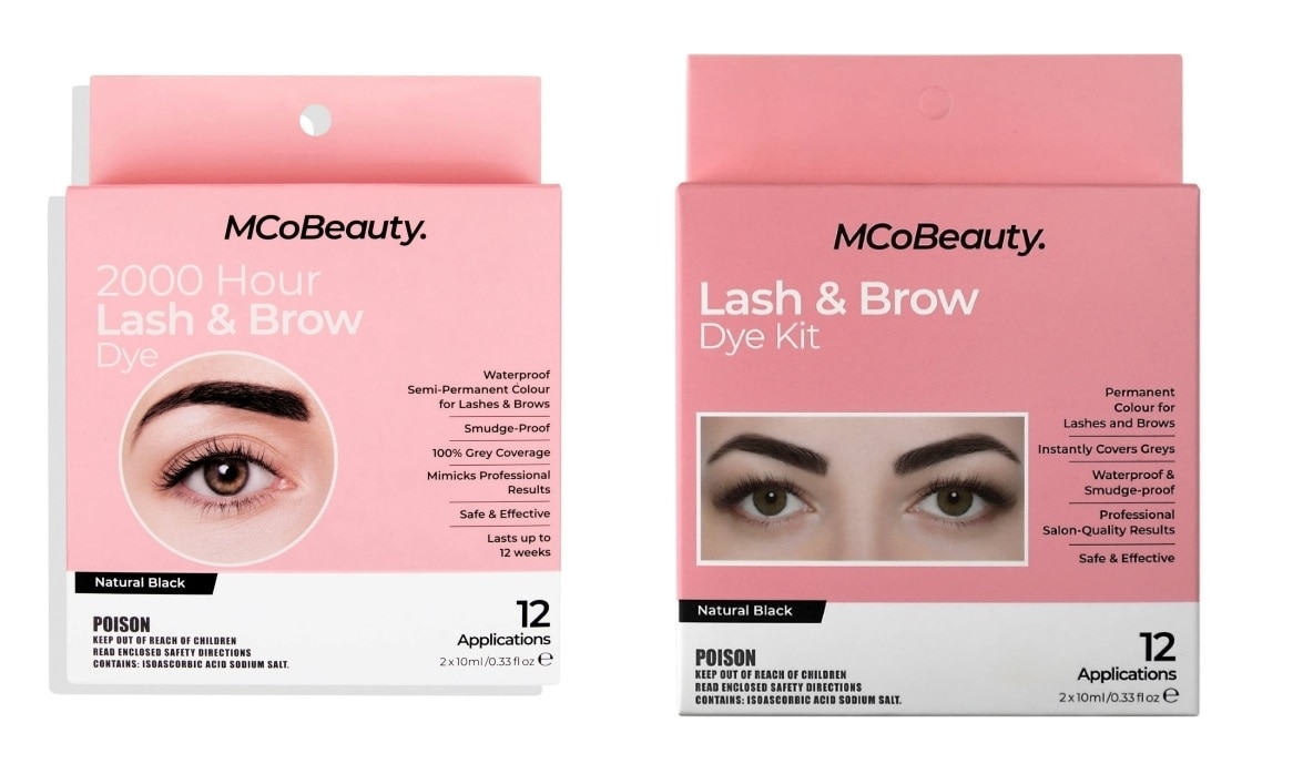 Two pink packages of an eyelash and eyebrow dye kit. One has an eye in a circle, one has eyes in a rectangle.