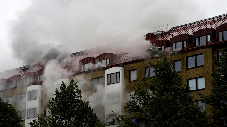 Grey and white smoke billows from the windows of an apartment building.