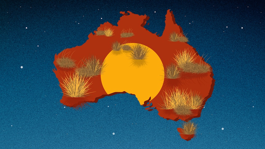 Illustration of Australia with night sky and stars in background and yellow circle in middle of Australia.