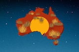 澳大利亚地图，显示红土地和黄色如太阳的中心。