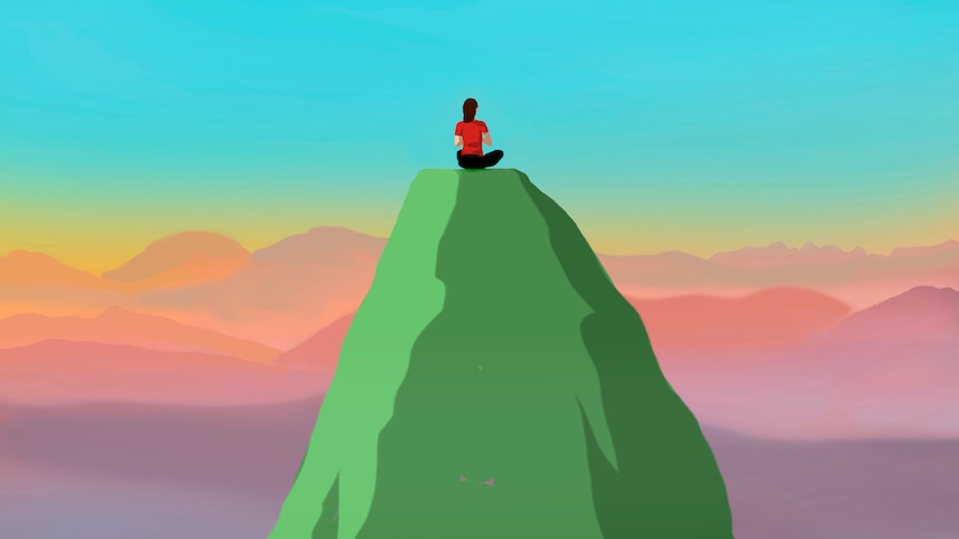 Illustration of a woman meditating cross-legged on an impossibly tall mountain.