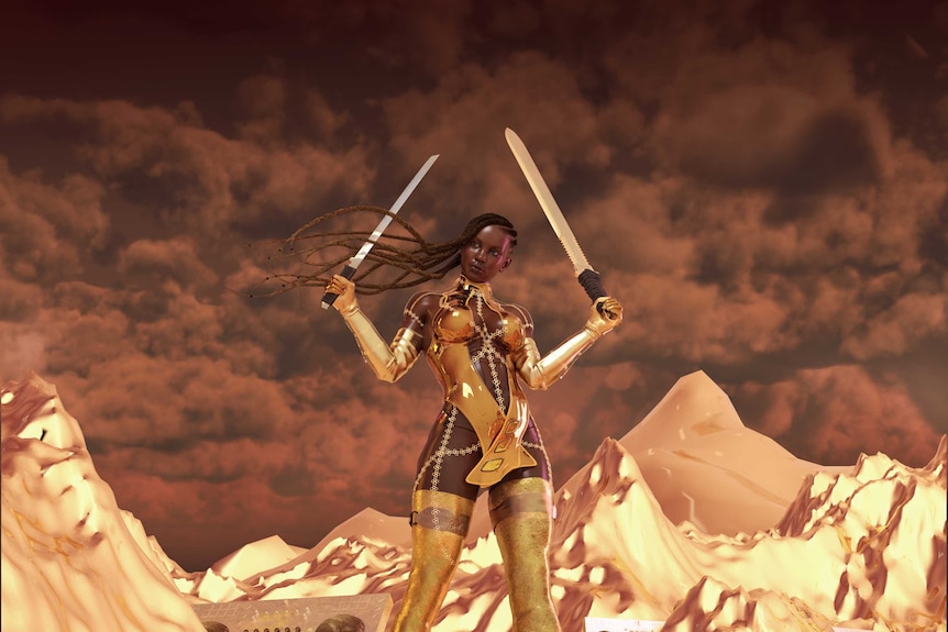 A video-game style image of a black woman in golden armour wielding two swords