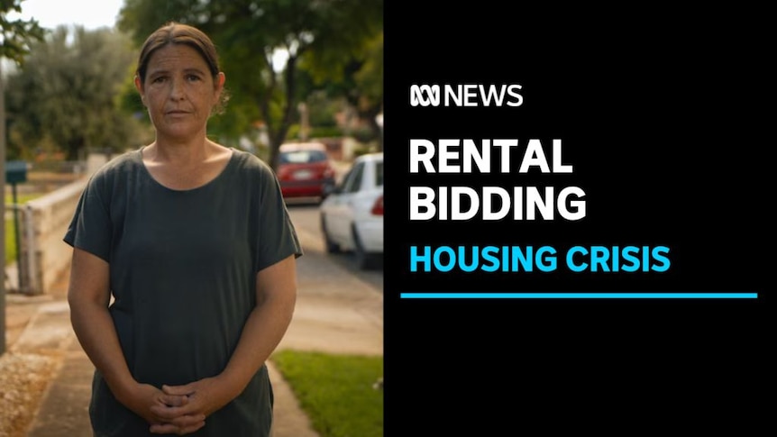 Rental Bidding, Housing Crisis: A woman stands on a footpath with her hands clasped in front of her.