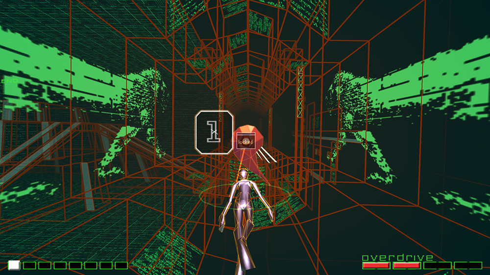 In a scene from a video game, a silver avatar travels through a red wireframe and green sci-fi environment.