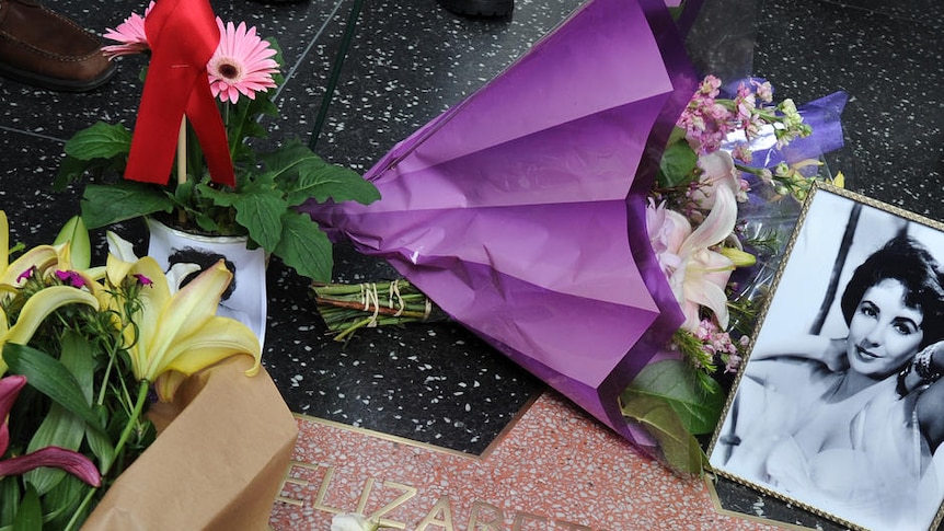 Flowers placed by fans on Elizabeth Taylor's star.