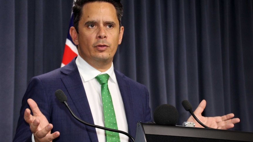 WA Treasurer Ben Wyatt stands at a microphone with an Australian flag in the background.