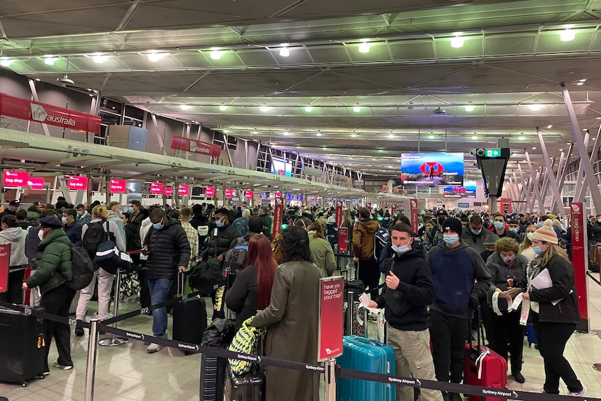 Long queues at an airport.