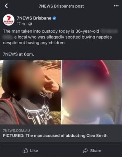 A Facebook post from 7News captioned "Pictured: the man accused of abducting Cleo Smith", with two photos of the wrong person.