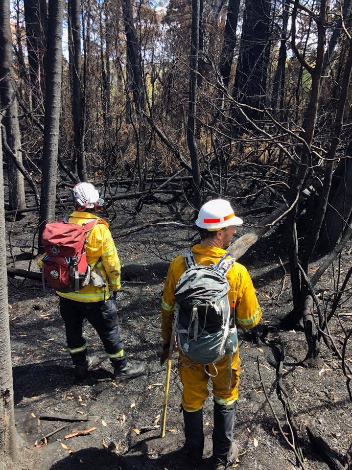 Firefighters surrounded by blackened bush in Tasmania