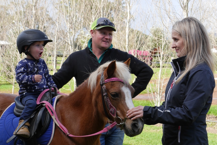 Young boy sits on a horse, while his parents stand close by.