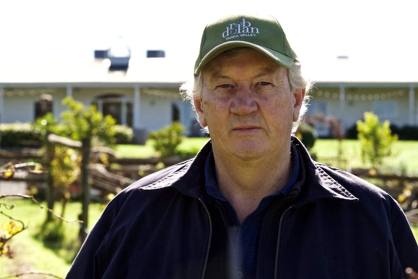 Rob Dolan looks at the camera with a vineyard visible in the background.